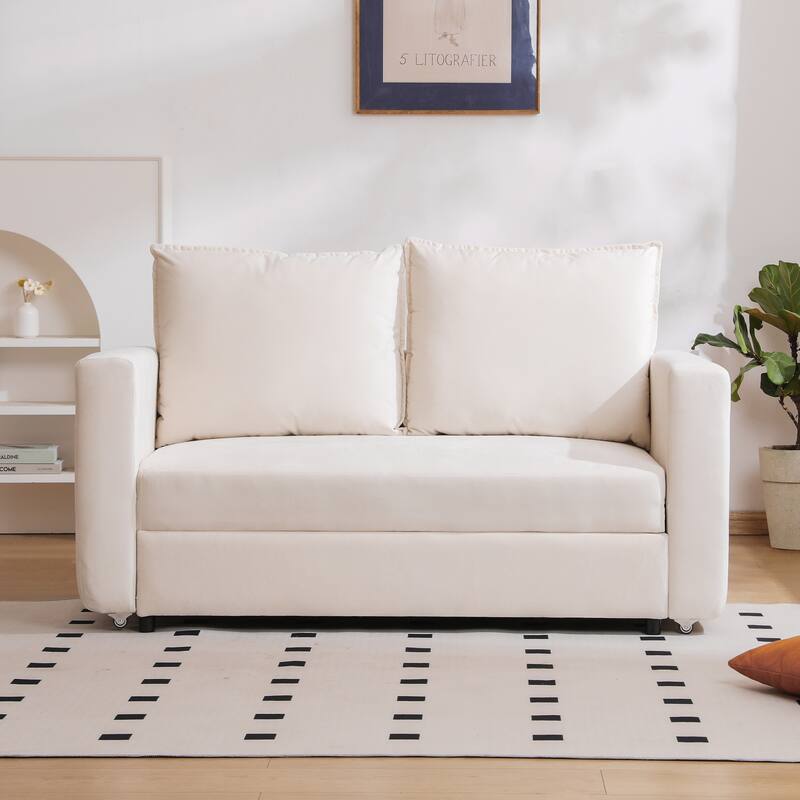 62.5" Fabric 2-Seater Sleeper Sofa with Split Armrest (800lb Capacity) - White