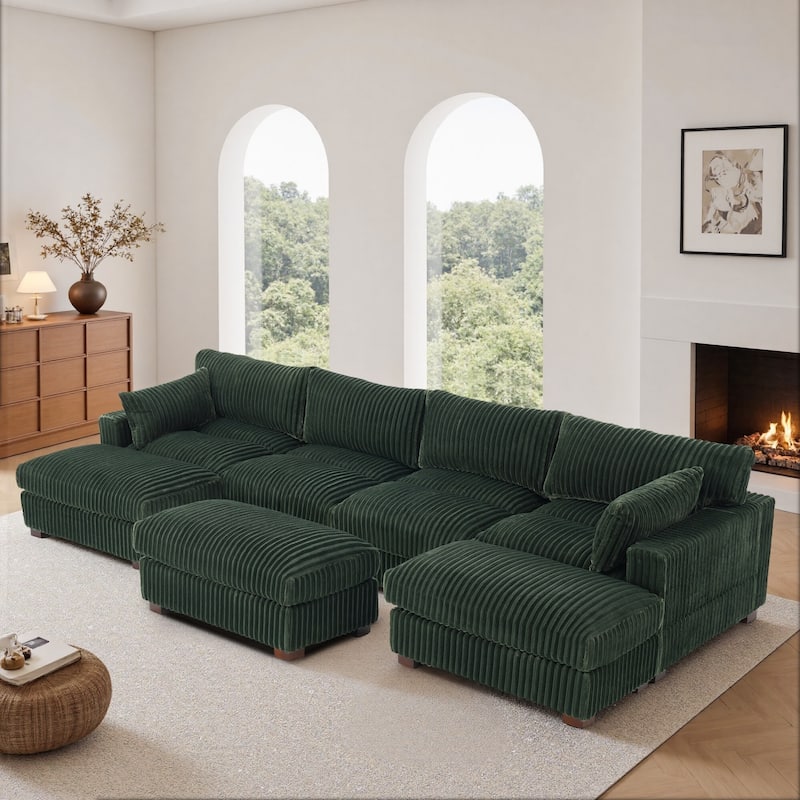 Oversied Plush Corduroy Fabric Modular Sectional Sofa with Chaise, Ottoman - Left Facing - Green-6 Pieces