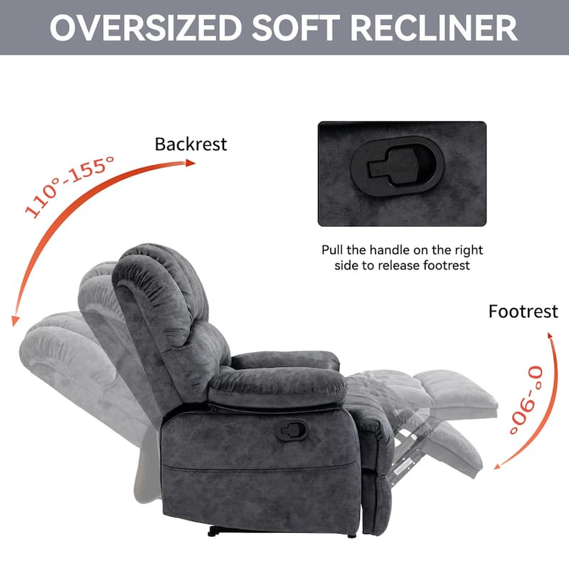 Standard Size Fabric Oversized Manual Recliner Chair with 155° Recline and Easy Assembly