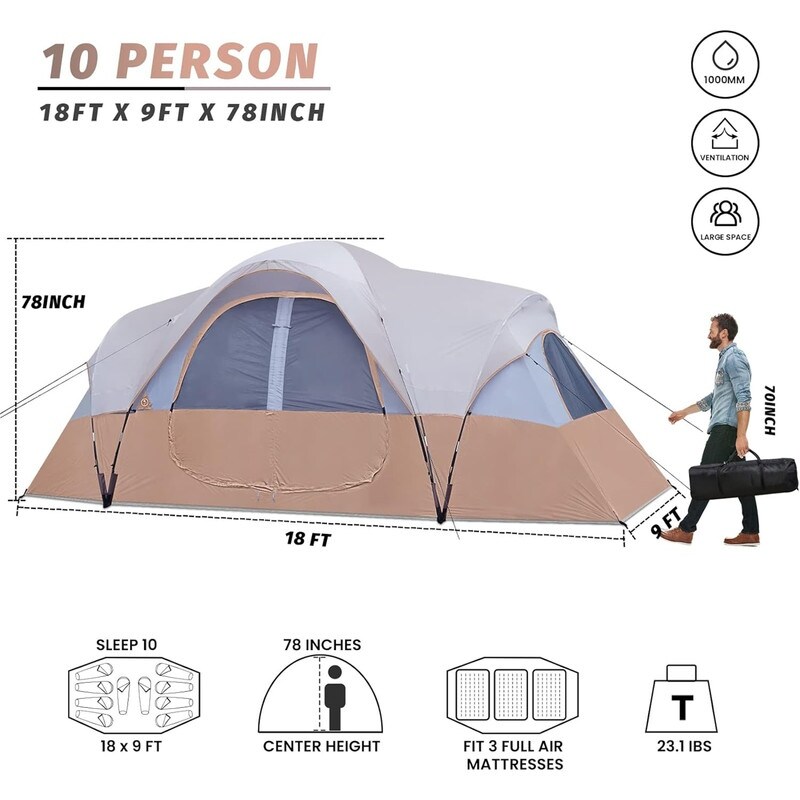 Camping Tent 10 Person Family Tents Parties Music Festival Tent Big Easy Up Double Layer 2 Room Waterproof 18ft x 9ft x78in Grey