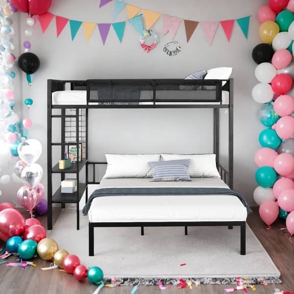 slide 2 of 17, Metal Twin over Full Bunk Bed with Separated Full Bed,Safety Guardrails,Built-in 2-tier Shelves Black