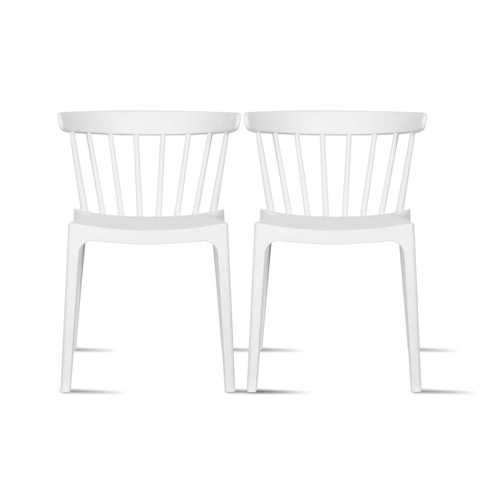 Set of 2 Stackable Modern Plastic Low Back Windsor Dining Chairs With Spindle Back For Kitchen Indoor Outdoor Patio Office