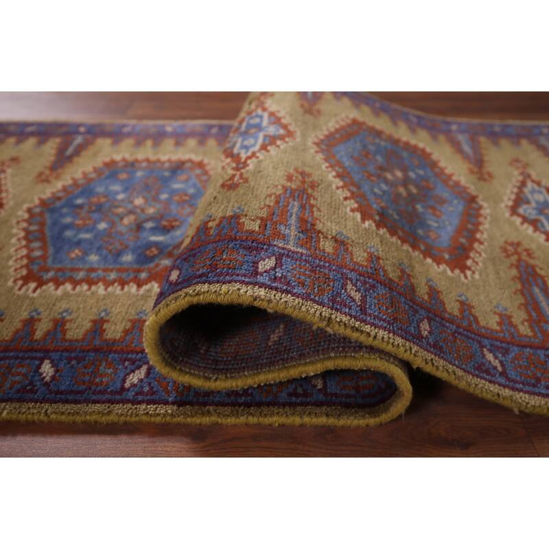Geometric Green Viss Oriental Runner Rug Handmade Wool Carpet - 2'6"x 9'8"