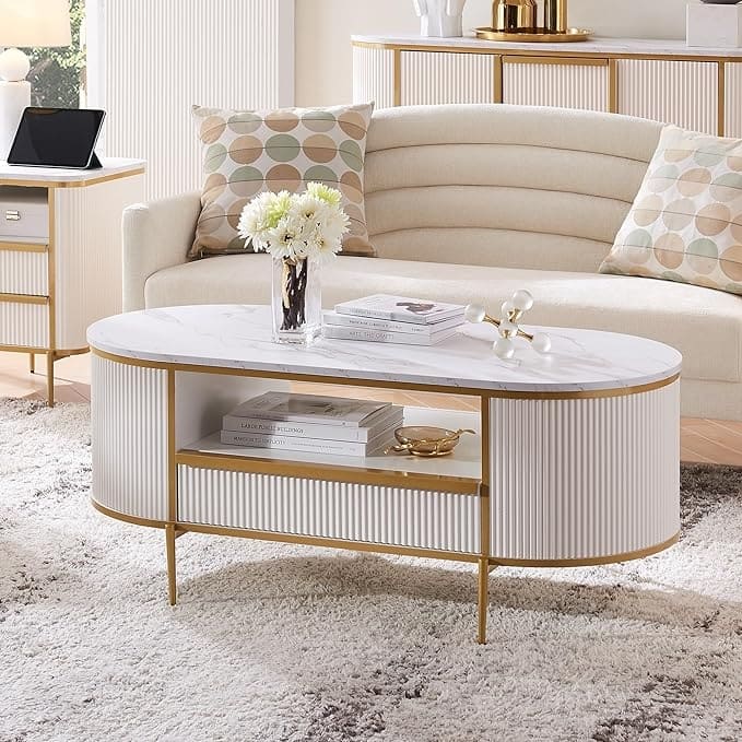Modern Luxury Fluted Coffee Table, Center Table with Faux Marble Top