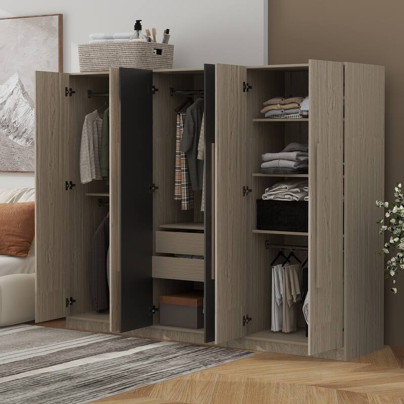 6-Doors Wooden Wardrobe with Storage Drawers for Bedroom