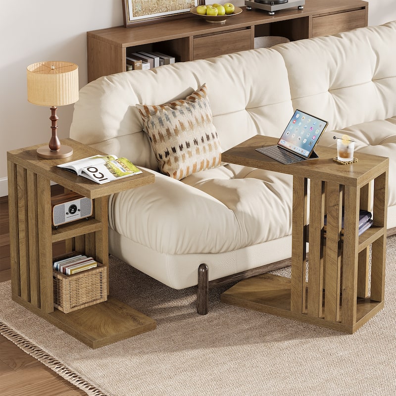 C Shaped End Table for Couch - Brown-2PCS