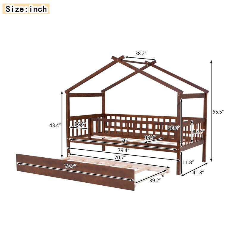Montessori Bed House Bed with Trundle Bed and Headboard, Wood Daybed Platform Bed Frame No Box Spring Needed for Boys Girls