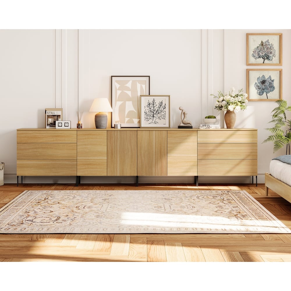 126" Modern Reeded 6-Drawer Dresser For Bedroom, Minimalist Chest Of Drawers With Storage, Wooden Dresser