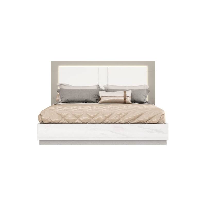 King Size Bed Frame - Rustic Romance Design, White & Taupe Finish, Stainless Steel Legs