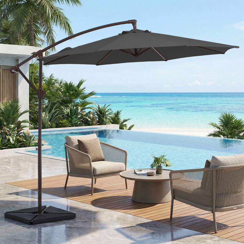 10 ft Steel Crank-lift Cantilever Umbrella With Weighted Base - Grey