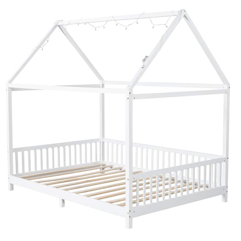 Solid Wood House Bed with Guardrail, LED and Roof for Kids, Boys and Girls