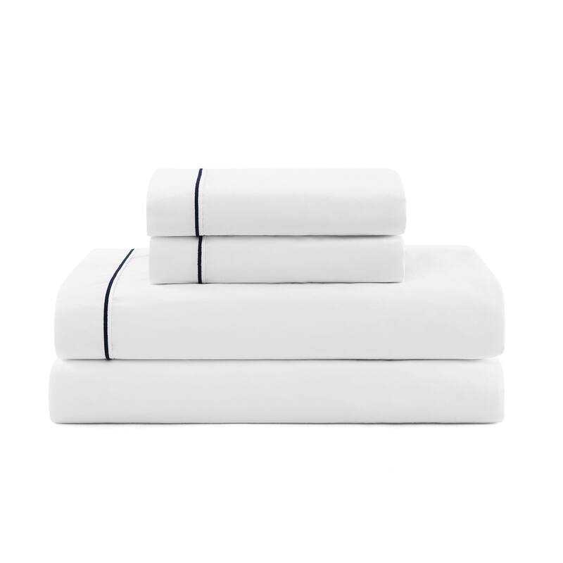 Tommy Hilfiger Hem Stripe Solid Cotton Sheet Set - White/Navy - Full