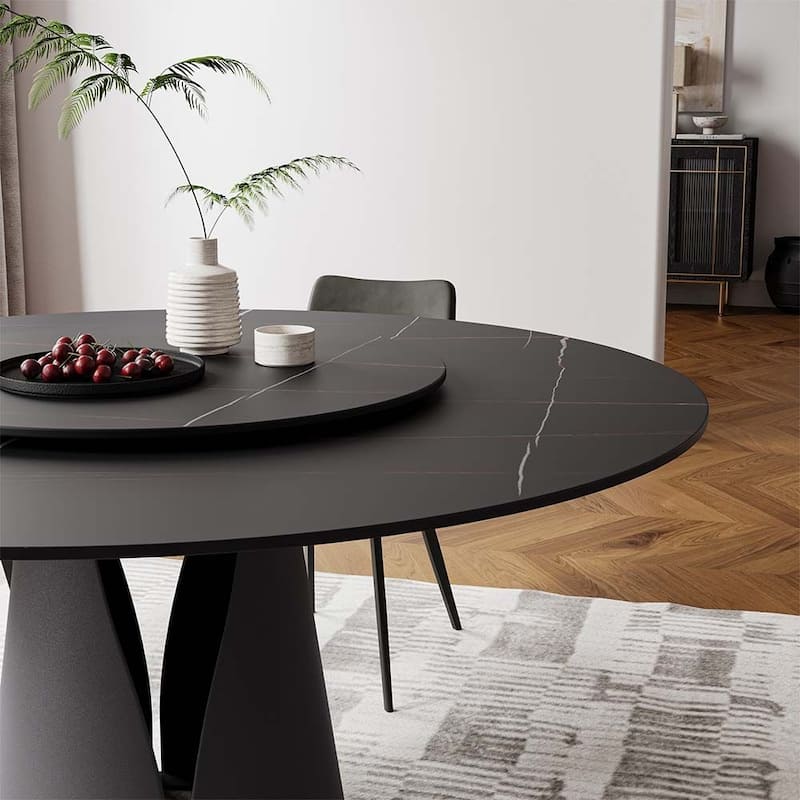 Modern Round White Dining Table，Sintered Stone Tabletop, Solid Black Carbon Steel Base