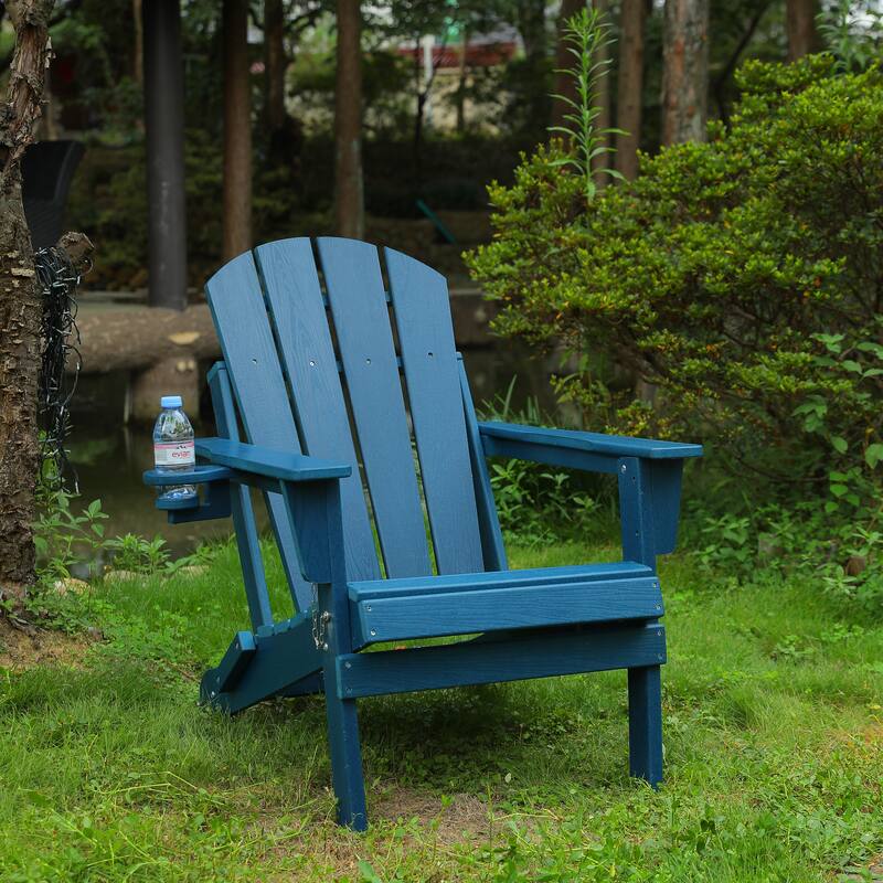 HDPE Folding Adirondack Chair with Dual Cup Holder - Composite Adirondack Chair with Wood Texture - Navy Blue