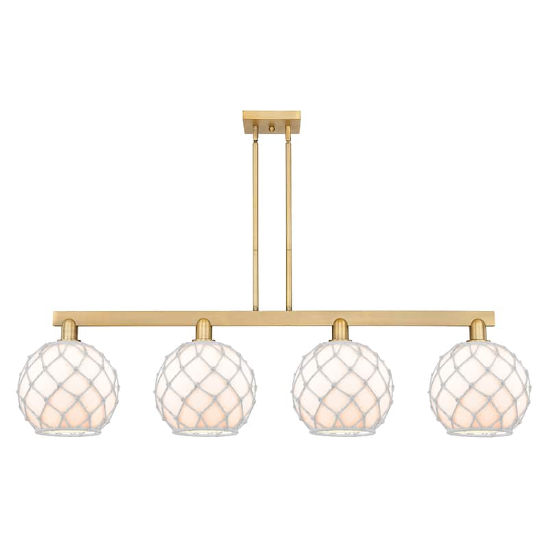 Innovations Lighting Endless Possibilities Arcadia - Farmhouse Rope - 4 Light 53" Stem Hung Island Light - Brushed Brass/White Glass with White Rope