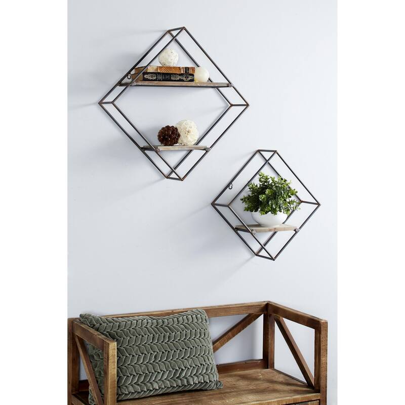 Metal Diamond 3 Shelves Wall Shelf - Set of 2 Black - Roche River Decor