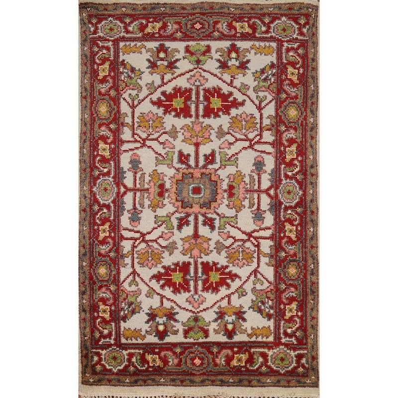 Floral Ivory Oushak Indian Foyer Rug Handmade Wool Carpet - 2'10"x 4'10"