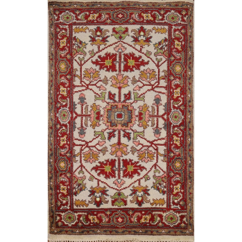Floral Ivory Oushak Indian Foyer Rug Handmade Wool Carpet - 2'10"x 4'10"