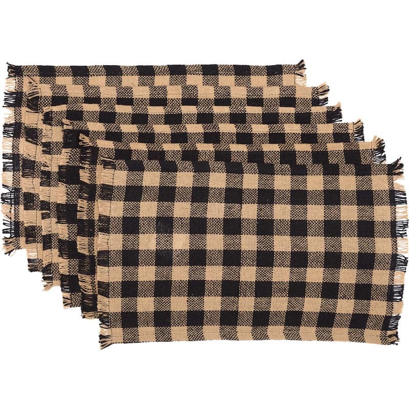 Burlap Black Check Placemat Fringed Set of 6 12x18