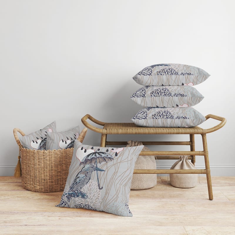 Bird with Umbrella Faux Suede Reversible Throw Pillow Silver and Brown