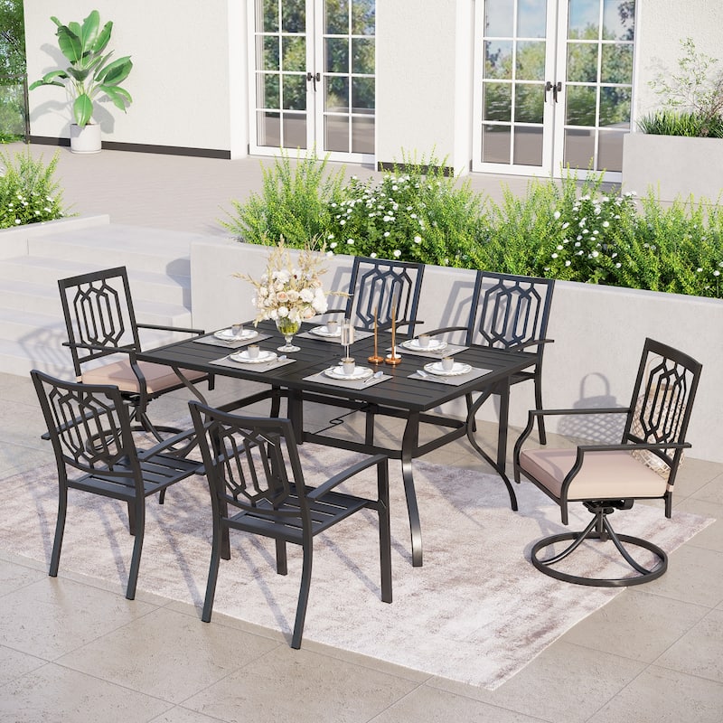 MAISON ARTS 7-Pcs Outdoor Dining Set Steel Combo Dining Chairs with Cushion and 6-Person Umbrella Table - Black