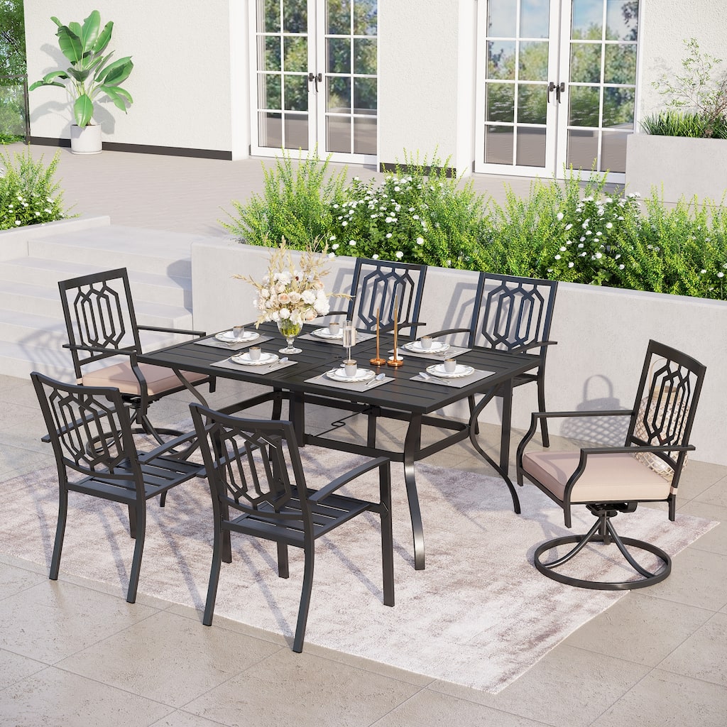 MAISON ARTS 7-Pcs Outdoor Dining Set Steel Combo Dining Chairs with Cushion and 6-Person Umbrella Table
