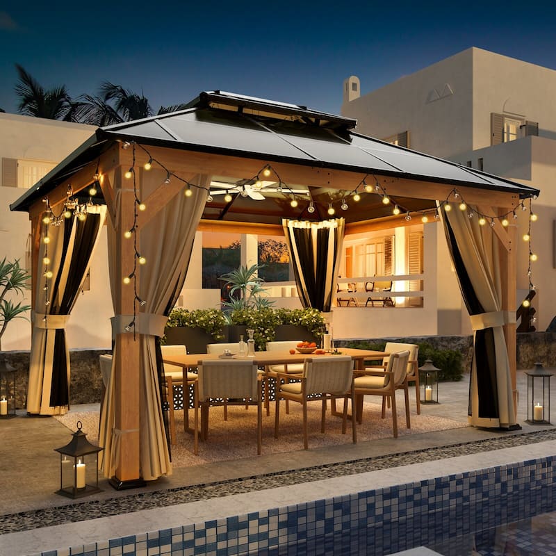EROMMY Outdoor Wood Gazebo with Double Polycarbonate Roof, Heavy Duty Backyard Patio Pergola Canopy for Garden Shade - 11x13 - Wood Frame