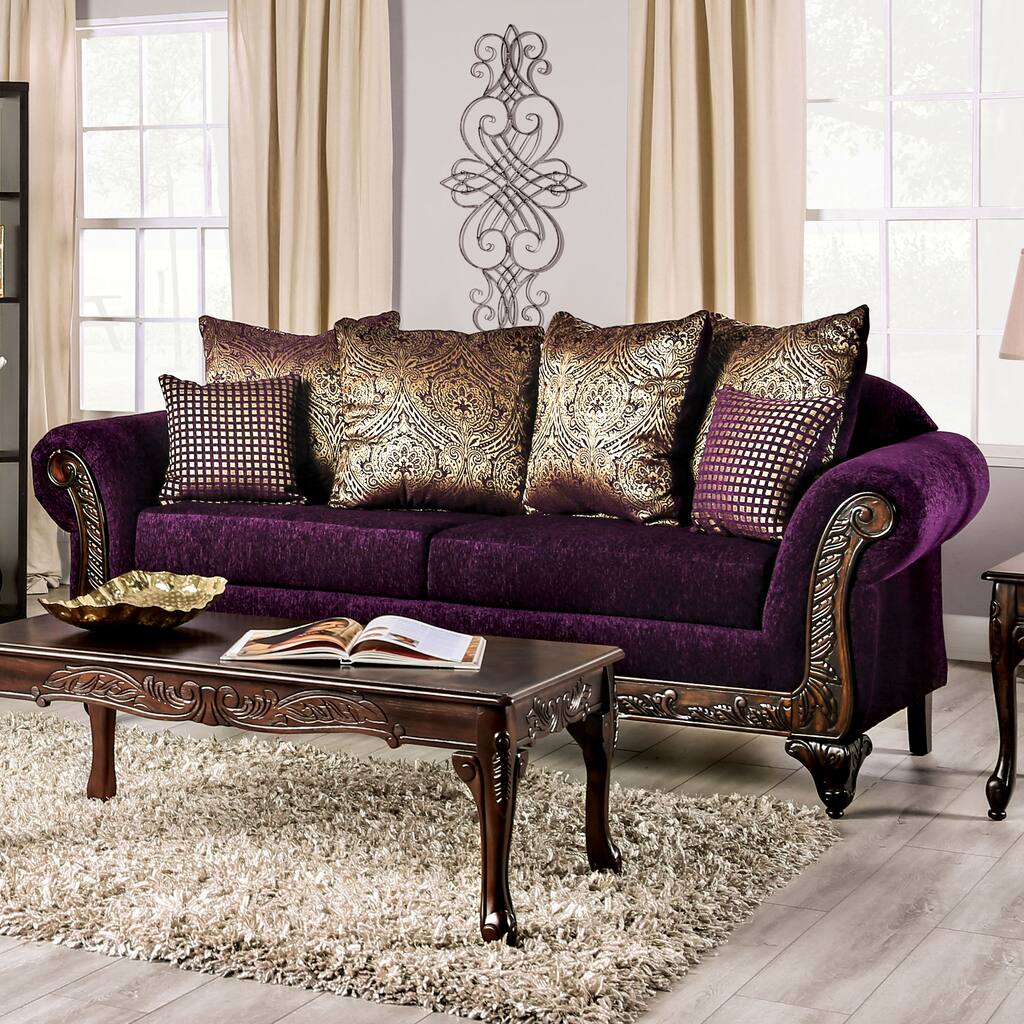 Grendel Traditional Purple Chenille Sofa with Rolled Arms by Furniture of America