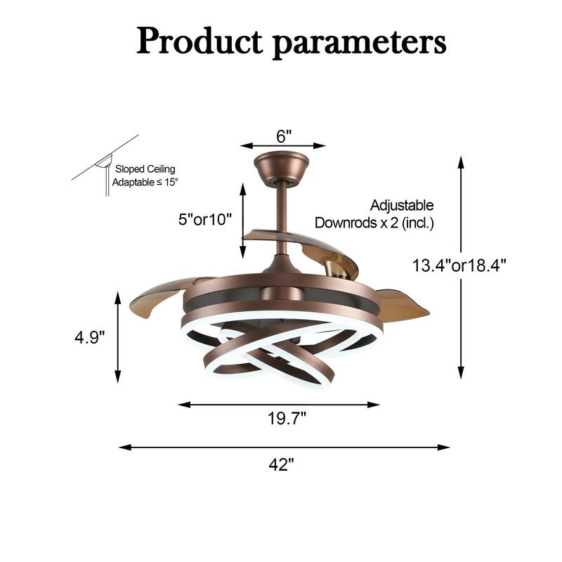 Bella Depot 42" Modern Retractable DIY Shape Ceiling Fan with Remote, 6-Speed Reversible Ceiling Fan with LED Light