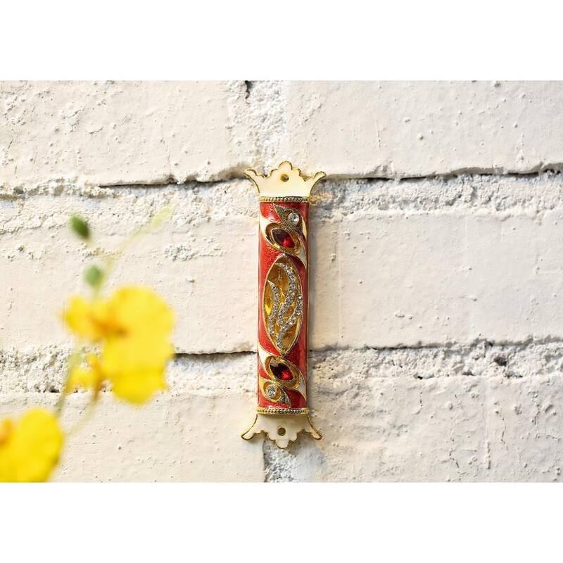 Matashi 4.5" Hand Painted Enamel Mezuzah Embellished with a Royal Red Design with Gold Accents Red and Clear Crystals
