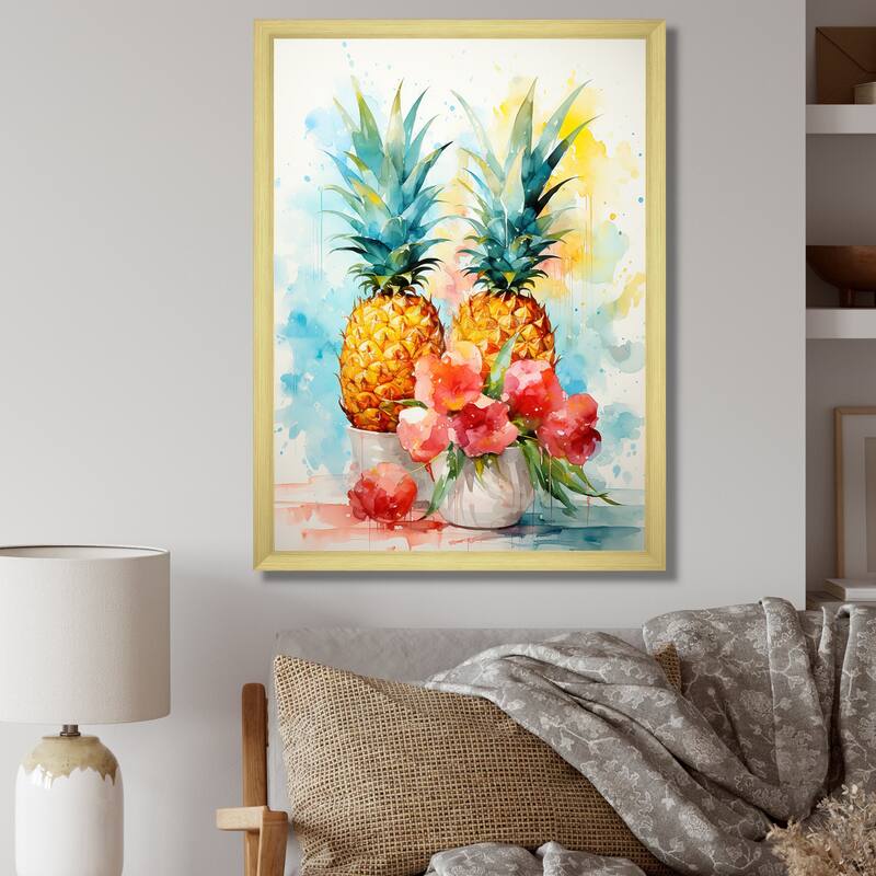 Designart "Aquarel Pineapple Painting" Pineapples Wall Decor Green - Traditional Living Room Framed Canvas Art - 16 in. wide x 32 in. high - Gold