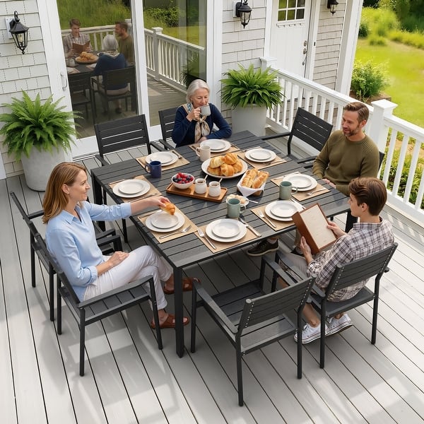 aluminum patio table with umbrella hole HAPPATIO Outdoor Dining Set, Patio Dining Set Includes 1 Outdoor Dining and Dining Chairs, Patio Furniture Set Bring a touch of modern industrial style to your outdoor dining with this outdoor aluminum dining table black with umbrella hole by Crestlive Products NUU GARDEN 60" Outdoor Dining