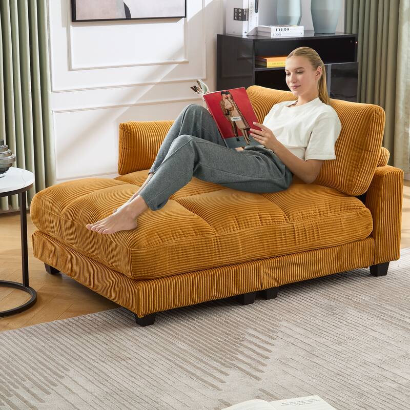 Oversized Corduroy Upholstered Single Chaise Lounge Sofa Couch Switchable Armrest with Cup Holders, USB Ports and Pockets