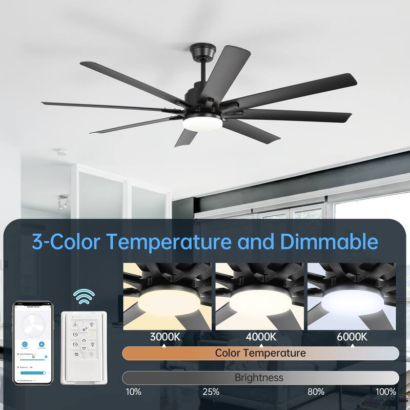 52/66/72/84 Inch Smart Ceiling Fan with Light ,Wall Switch, APP Control,Dimmable LED,8 Blades