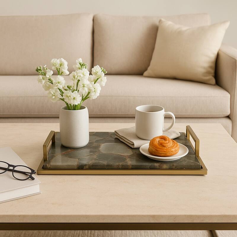 Decorative Agate Accent Tray - Home Decor - 23", Green & Gold - 23.0"