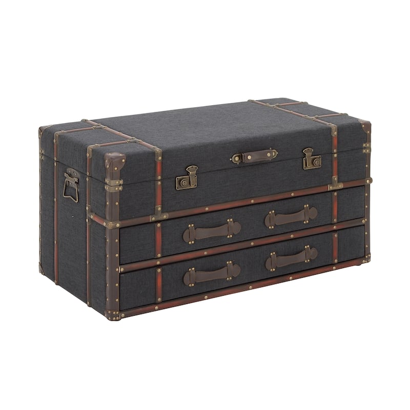 Linen Fabric Upholstered Trunk 2 Drawer Coffee Table with Buckle Hinged Top - Dark Blue or Brown - Roche River Decor