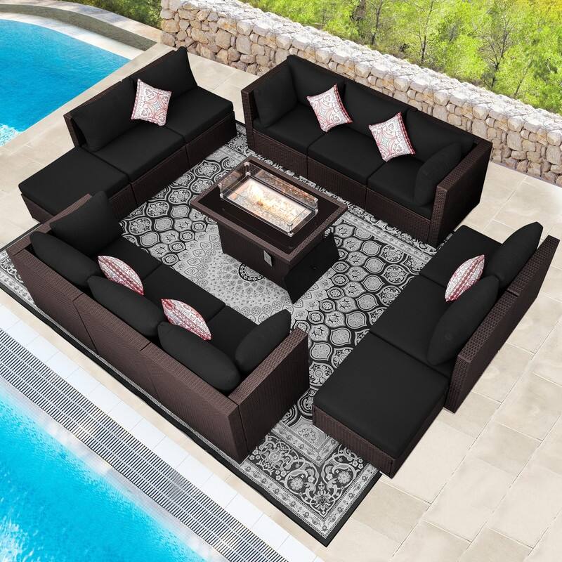13-Piece Outdoor Wicker Patio Sectional Conversation Set with 43" CSA Fire Pit Table - Black
