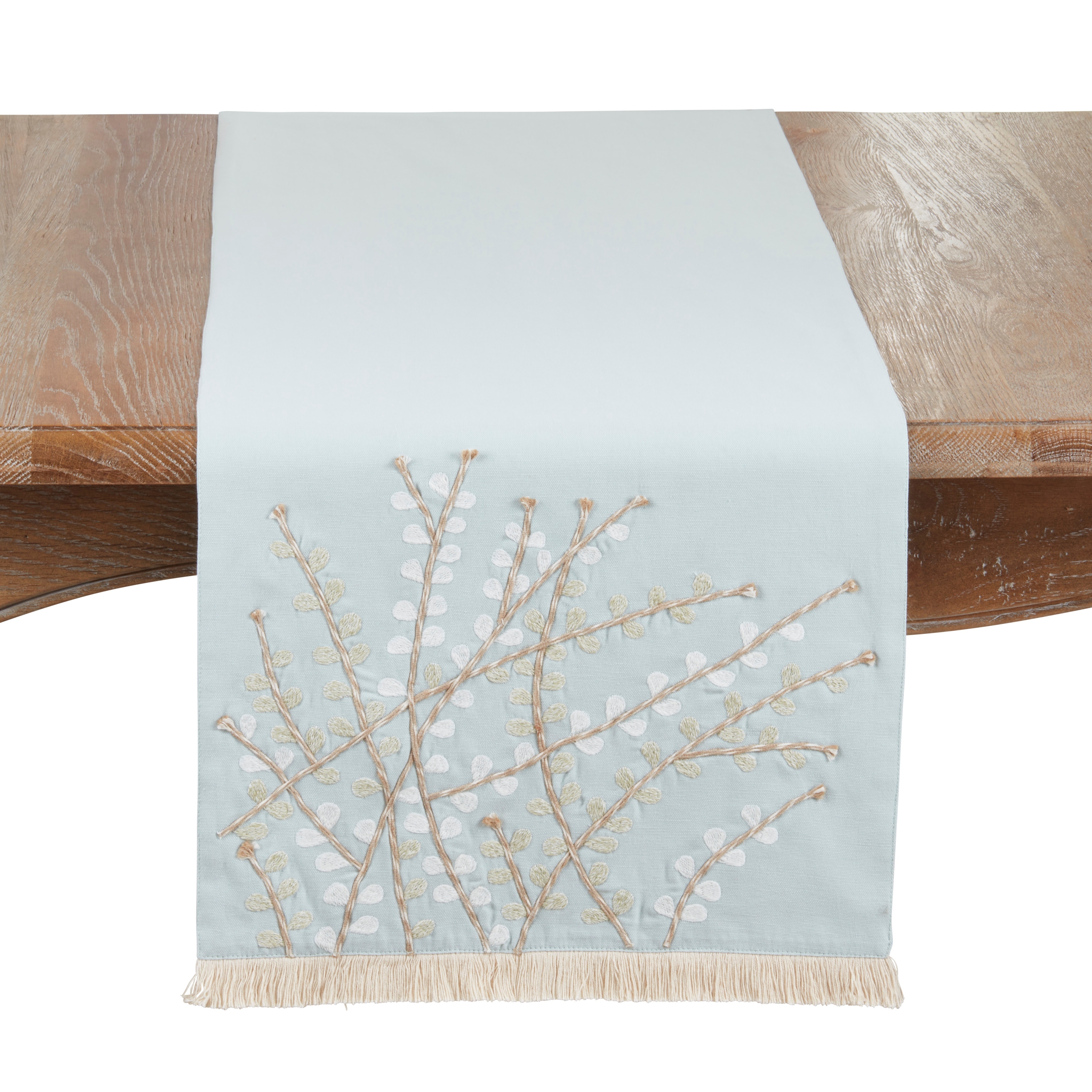 Embroidered Botanical Table Runner - Lined Decorative Table Runner with Fringe for Dining & Console Tables, 16"x72"