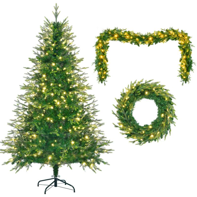 6FT Pre-Lit Christmas Tree with Garland & Wreath Set, LED Multi-Color & Warm Lights, Green and White Tips