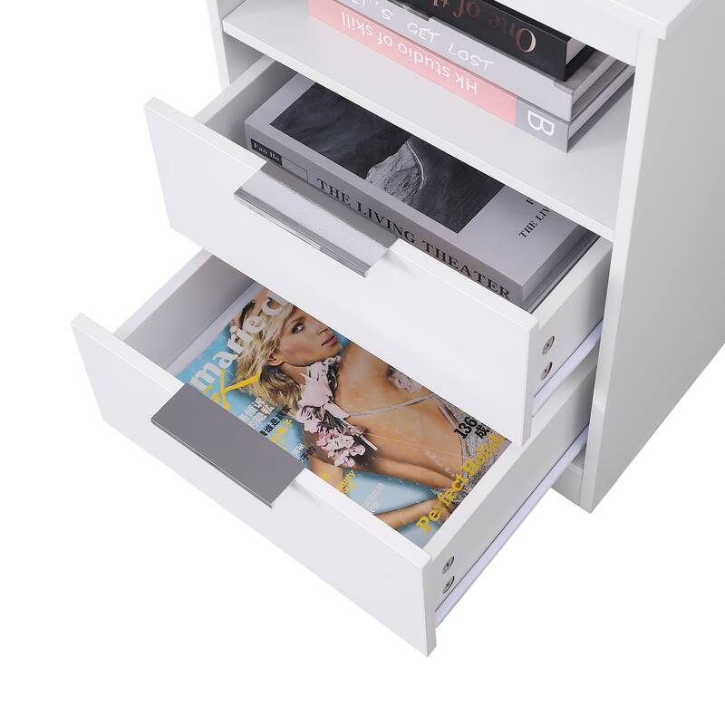 White End Table Side Table Nightstand with 2 Drawers, Lamp Table Dressing Table with Open Shelf and Charging Station