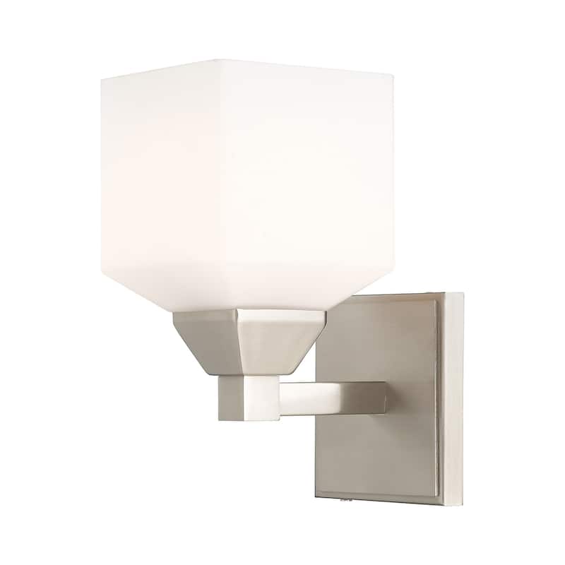 Livex Lighting 1-Light Wall Sconce, 10381, 10281 - 4.75"W x 9.5"H x 6.75"D - Brushed Nickel / Satin Opal White Glass