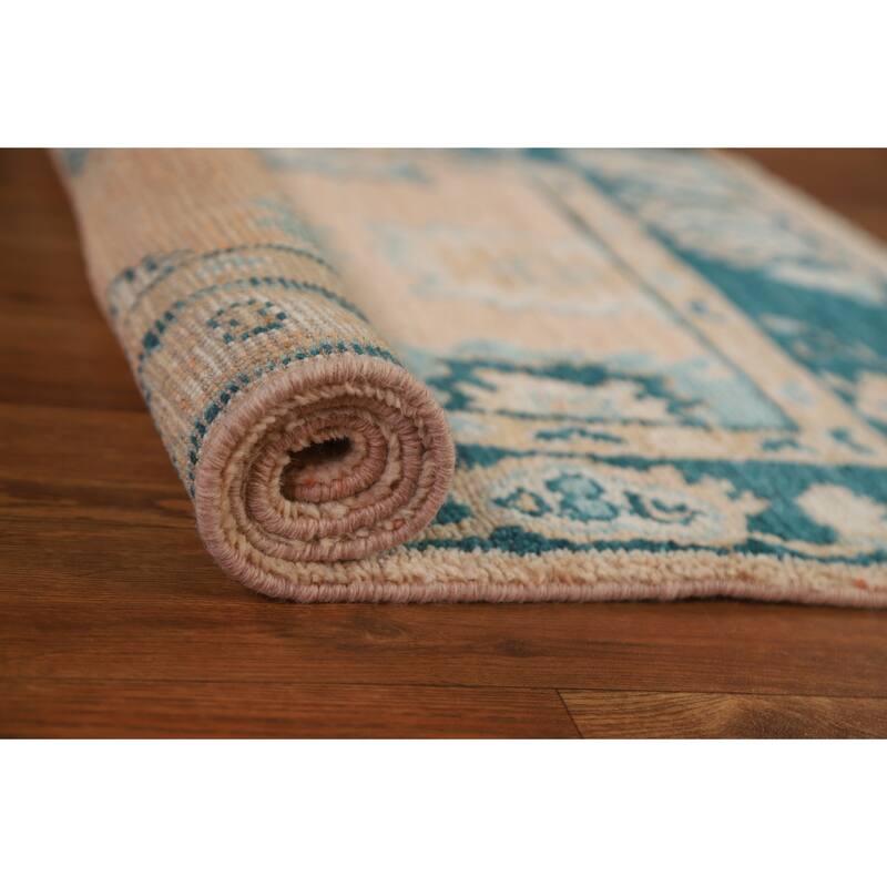 Hand Knotted Oriental 100% Wool Carpet Transitional Geometric Peach Oushak Area Rug - 2' 11'' X 2' 0''