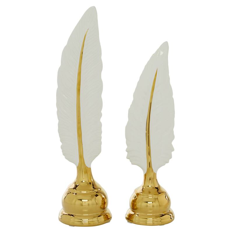 Ceramic Bird Feathers Sculpture - Set of 2 Gold - CosmoLiving by Cosmopolitan - 4"W x 4"L x 15"H