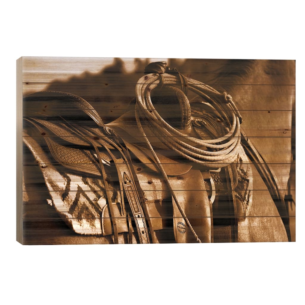 Western Saddle Print On Wood by Rhonda Thompson - Multi-Color