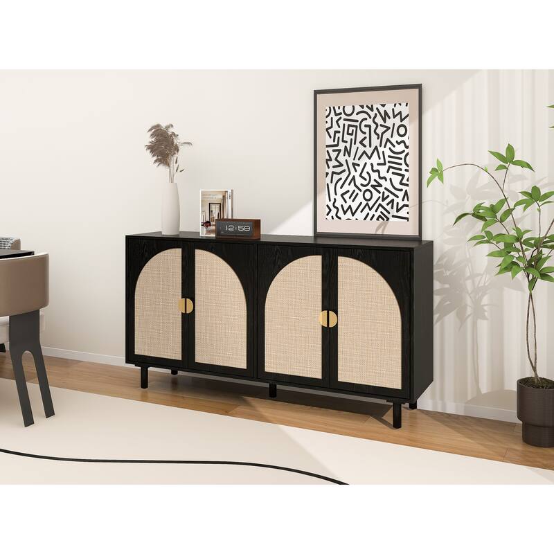Engineered Rattan Sideboard Accent Storage Cabinet Black Buffet Cabinet