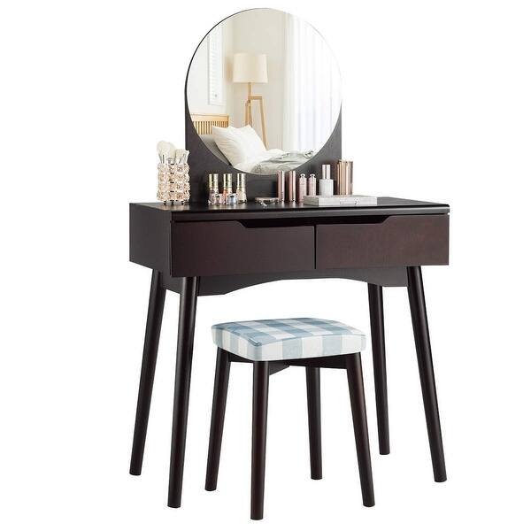 Round Mirror Cushioned Stool Dressing Table Vanity Table Set Overstock 30088600