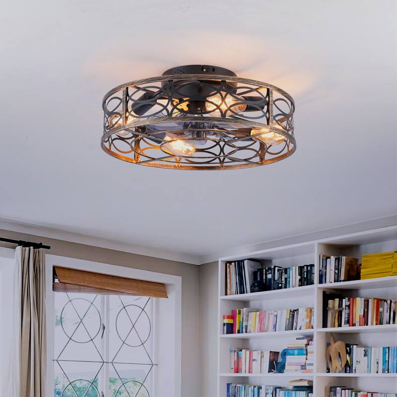 20 inch Flush Mount Ceiling Fan Light with Remote Caged Farmhouse Fandelier Black Wood Low Profile