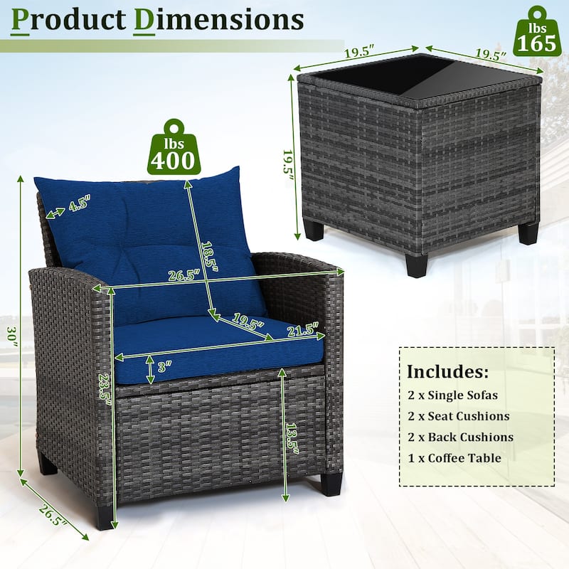3-Piece Outdoor Wicker Patio Furniture Set with Tempered Glass Coffee Table - 26.5" x 26.5" x 30" (L x W x H)