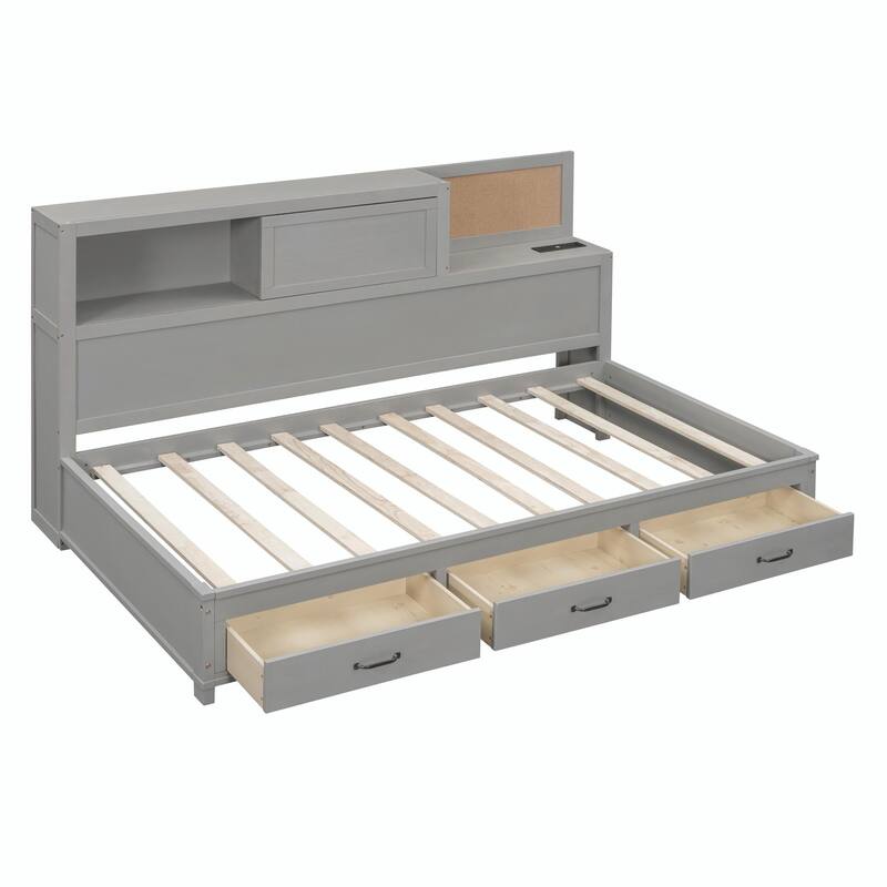 Wooden Daybed with Storage Drawers, Soft Board, Shelf, Sockets, USB Ports