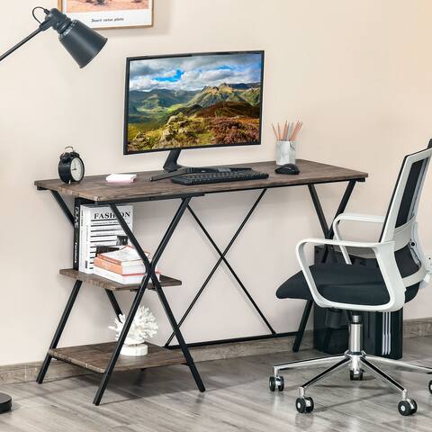 HOMCOM Computer Desk with Shelves, Wood Grain Writing Desk with 2-Tier Storage Shelves Home Office Desk